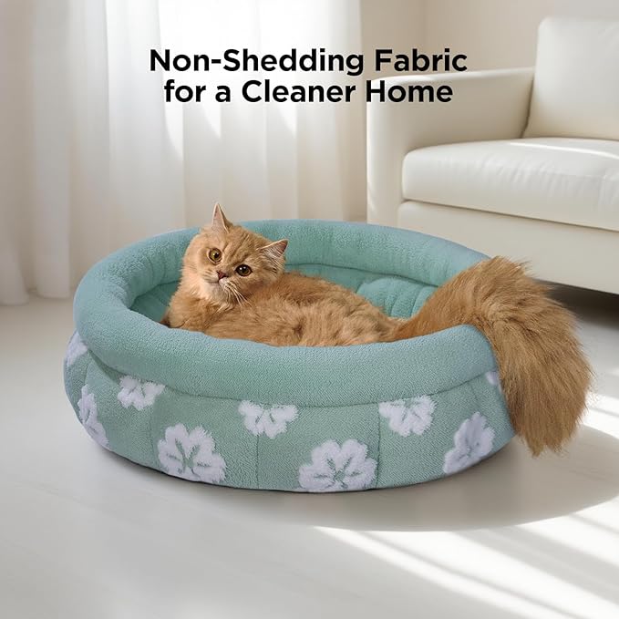 BALANCE Cat Beds for Indoor Cats, Washable Round Cat Bed, Cute 3D Flower Kitten Bed with Anti-Slip Bottom for Puppy and Kitten, 23 Inches, Green