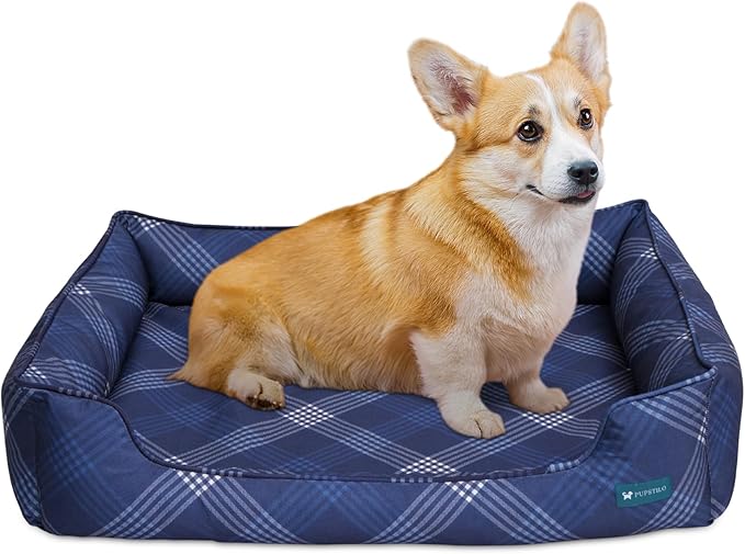 Pupstilo Orthopedic Bolster Dog Bed – CertiPUR-US Foam, Recycled Polyester Canvas, Washable Cover, Anti-Slip Bottom, Large, Navy Plaid – Stylish Designer Dog Sofa