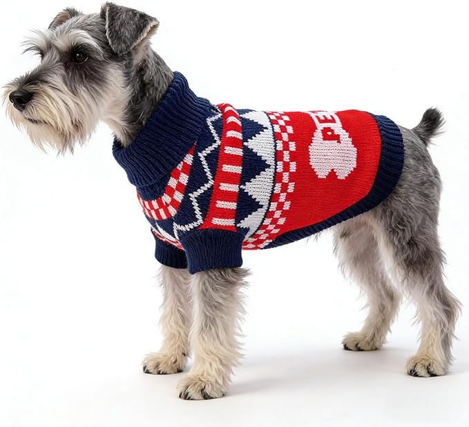 Small Dog Cold Weather Sweaters – Warm Knit Turtlenecks, Cozy Pet Pullovers Dog Clothes with Leash Hole for Chihuahua Bulldog Pug Beagles (Red/Navy, Large)