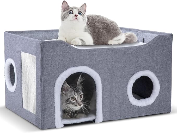 Gosipeya Cat House for Indoor Cats – Foldable Cat Cave & Covered Cat Bed, Cozy Hideaway for Small Pets and Large Cats (23.6"x16"x12.8"),Grey