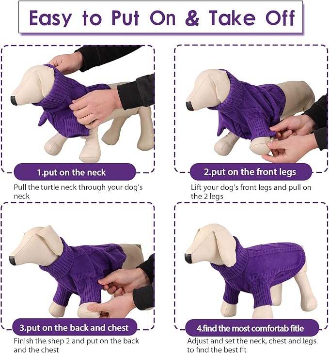 Queenmore Small Dog Pullover Sweater, Cold Weather Cable Knitwear, Classic Turtleneck Thick Warm Clothes for Chihuahua, Bulldog, Dachshund, Pug (Purple, Large)