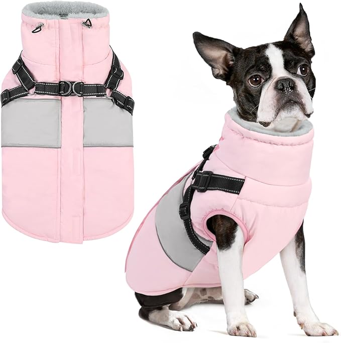 SUNFURA Dog Winter Coat, Waterproof Dog Coat Jacket with Harness for Medium Breeds Boys Girls, Reflective Fleece Lined Pet Snow Jacket Sweaters for Pug, Jack Russel, Boston Terrier, Pink M