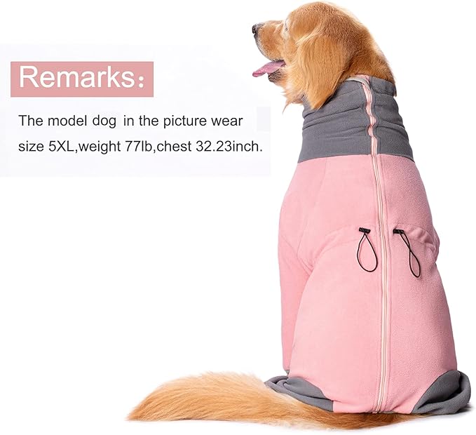 Dog Winter Coat for Large Medium Small Dogs, Warm Fleece High Collar Full Body Dog Jumpsuit Comfortable Onesie Apparel (Pink, 3X-Large)