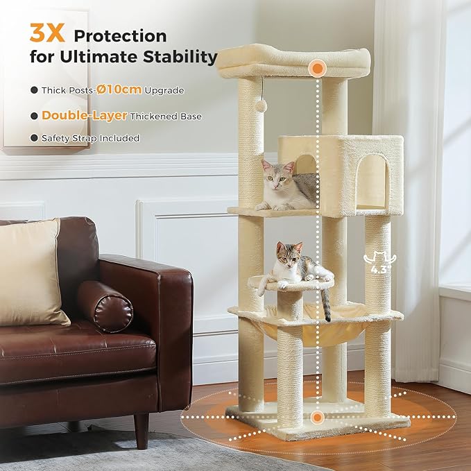 MUTTROS Large Cat Tree for Indoor Cats Large Adult, 57.8" Heavy Duty Cat Tower with Reinforced Scratching Posts (φ3.7in) and Plush Larger Hammock for Maine Coon & Big Cats, Supports 30lbs, Beige