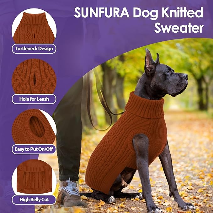 SUNFURA Dog Sweater, Dog Sweaters for Medium Dogs Girl Boy, Warm Soft Sweaters Pullover for Fall Winter, Solid Color Turtleneck Knitwear Clothes for Pug, Yorkie, Boston Terrier, Brickred M