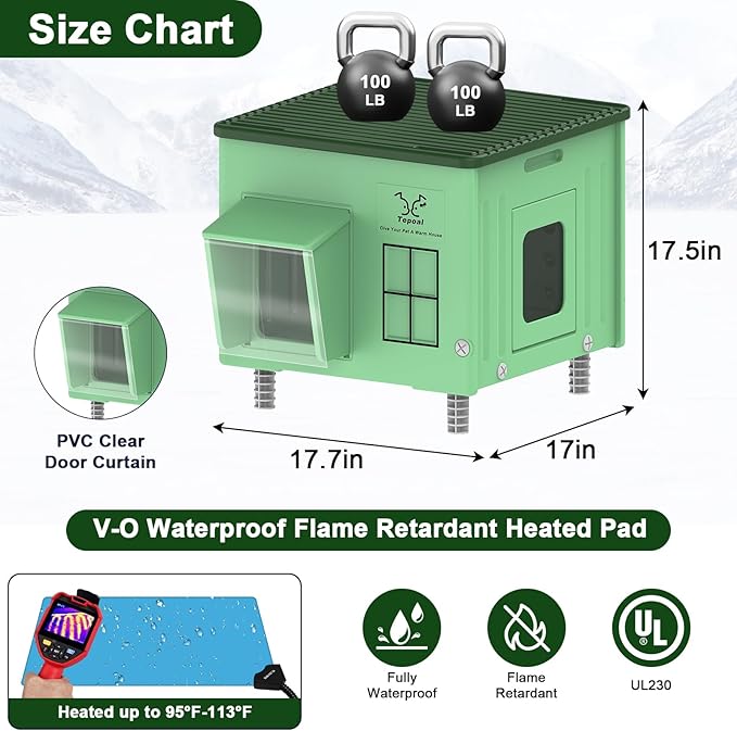 Tepoal 17.7"x17"x17.5" Plastic Heated Cat House for Outside Winter, Weatherproof Outside Cats Shelter with Safety Escape Doors and Heating Pads, Elevated Feral Cat House for Wild and Stray Cats Green