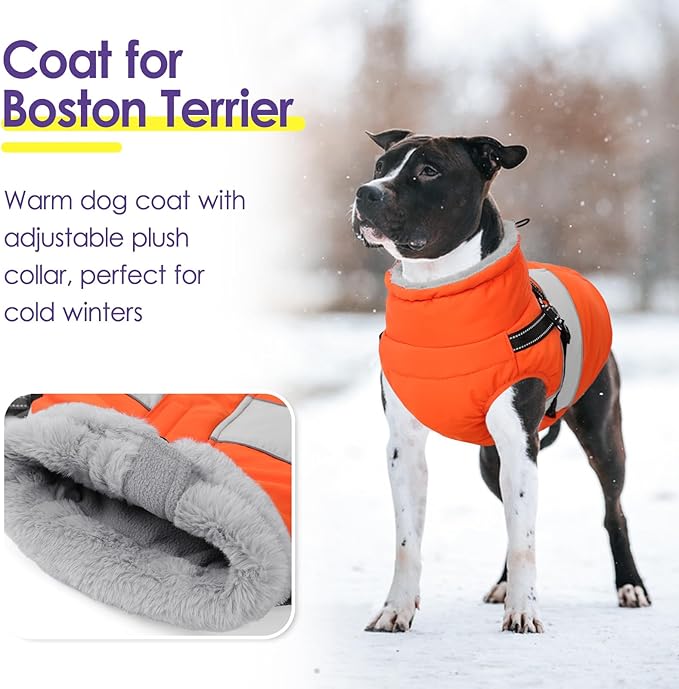 SUNFURA Dog Coat, XXXL Dog Jacket Winter with Harness Built in, Waterproof Pet Snow Jacket with Furry Collar for Chilly Day, Reflective Fleece Snowsuit for Extra Large Dogs, Orange 3XL