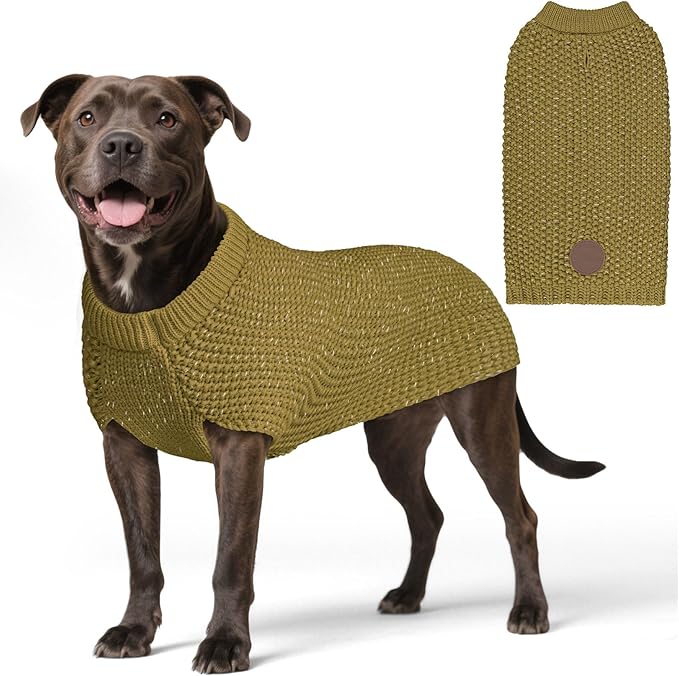 KYEESE Dog Sweater with Leash Hole Warm Pullover with Reflective Yarn for Small and Medium Dogs Male Soft Knit Pullover Boy Dog Coats Cozy Lightweight Thick Sweater,Brown,Large