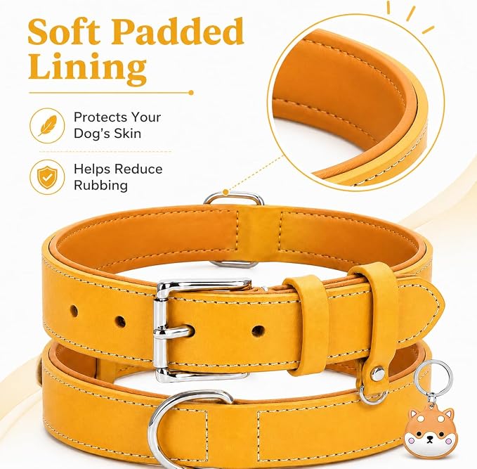 Genuine Leather Dog Collar, Soft Padded Leather Dog Collars with Airtag Holder Case for Small Medium Large X-Large Dogs,Comfort Heavy Duty Pet Collar with Durable Metal Buckle & D-Ring-Light Yellow/M