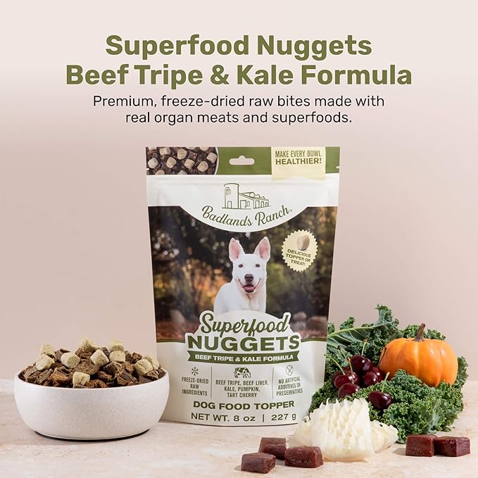 BADLANDS RANCH Superfood Nuggets – Freeze-Dried Raw Dog Treat & Food Topper, Nutrient-Dense Beef Tripe & Kale Formula, High Protein, No Artificial Additives, 8oz Bag