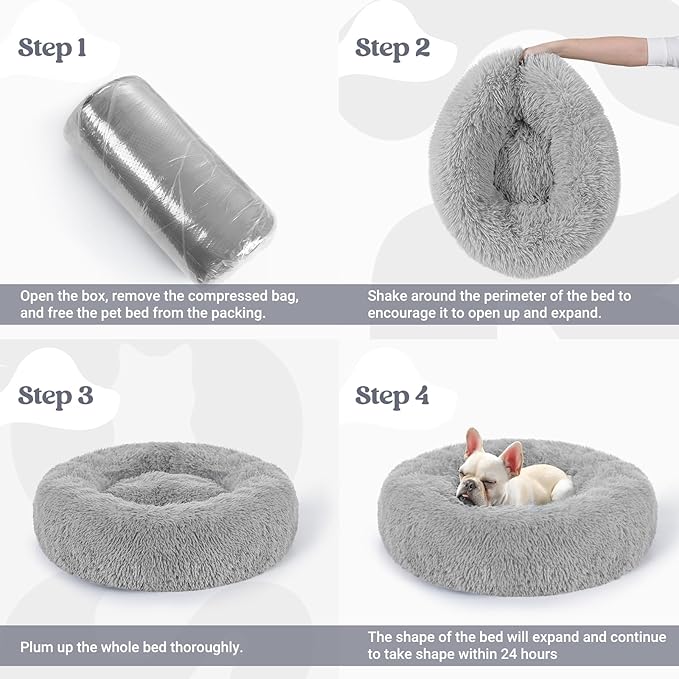 rabbitgoo Dog Bed for Small, 24 inches Machine Washable, Fluffy Donut Pet Bed Anti-Slip, Calming Soft Plush Round Cushion, Fits up to 18 lbs Pets, Light Grey