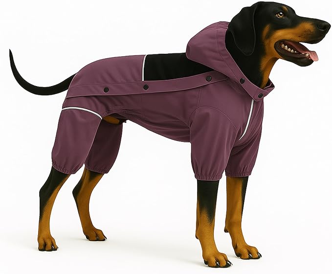 LOVELONGLONG Waterproof Dog Raincoat with Removable Hood – Outdoor Full Body Dog Jacket, Windproof Snowproof Shell Suit – All Season Pet Rain Gear Plum Purple S+