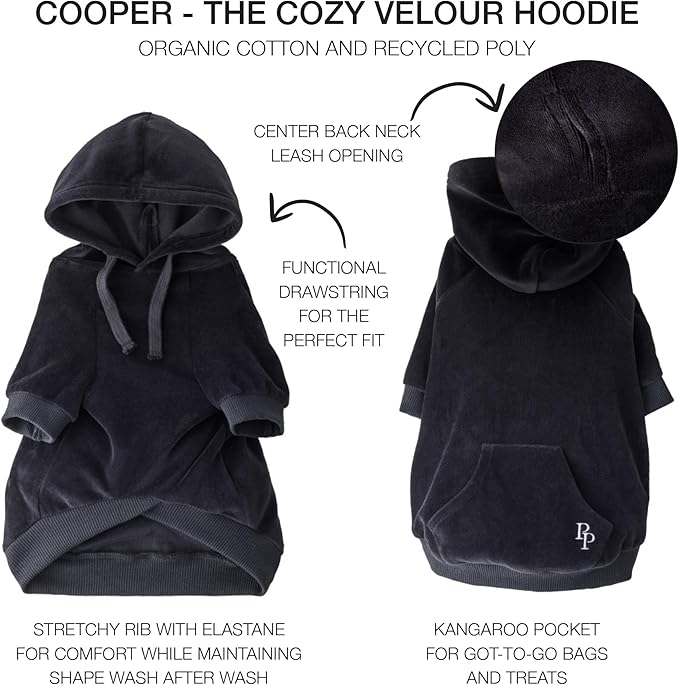 Cooper II Organic Cotton Velour Dog Hoodie Pet Coat for Small, Medium and Large Dogs, Black, XX-Small (4-7 lbs)