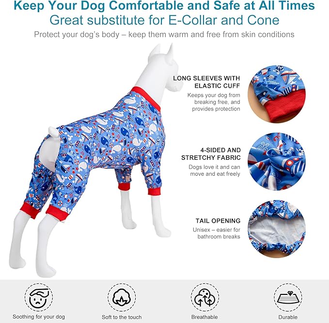LovinPet Large Dog Outfits, Pajamas for Large Dogs, Lightweight Stretch Jersey Knit, Blue Nautilus Print, Dog Onesie for Surgery, Uv Protection Shirt, Easy to Wear Adorable Dog Jumpsuit,3XL