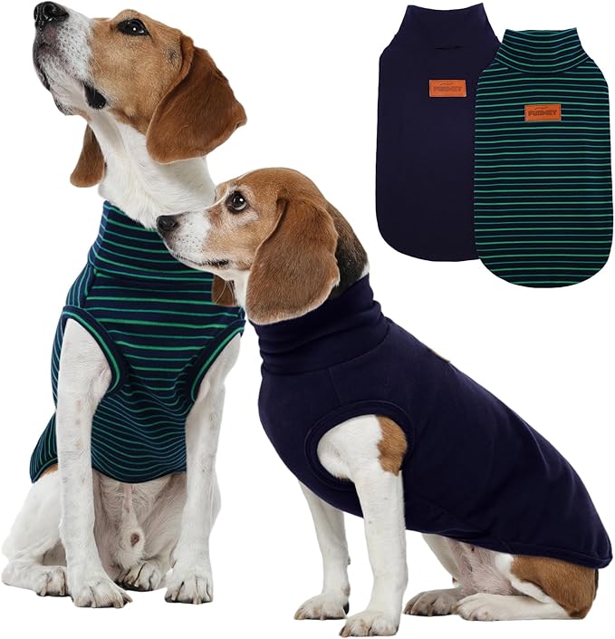 FUAMEY 2 Pack Dog Fleece Vest for Large Dogs,Shih Tzu Frenchie Stretchy Dog Sweatshirts Warm Dogs Pullover Winter Pet Sweaters with Leash Hole Puppy Turtleneck Sleeveless Green Stripes L