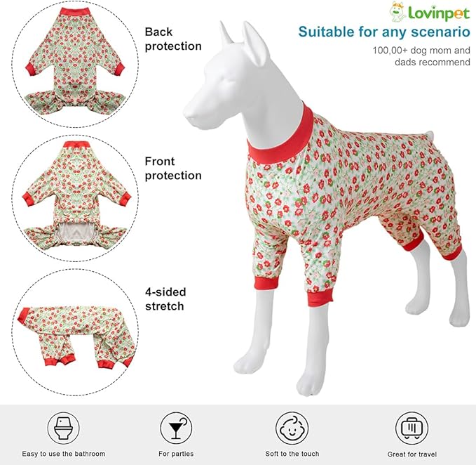 LovinPet Fall Dog Pjs - Pet Anxiety Calming Shirt,Anti Licking Dog Pajamas,Pink Granny Print,4 Legged Pullover,Camping,Travel,and Home,2XL