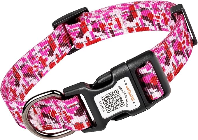 Personalized Dog Collar with QR Code Dog Tag, Camo Rose Red L | Anti-lost, 1000D nylon, reflective, padded, XS-L(8"-24"), QR buckle shares lost pet profile, location alerts when scanned