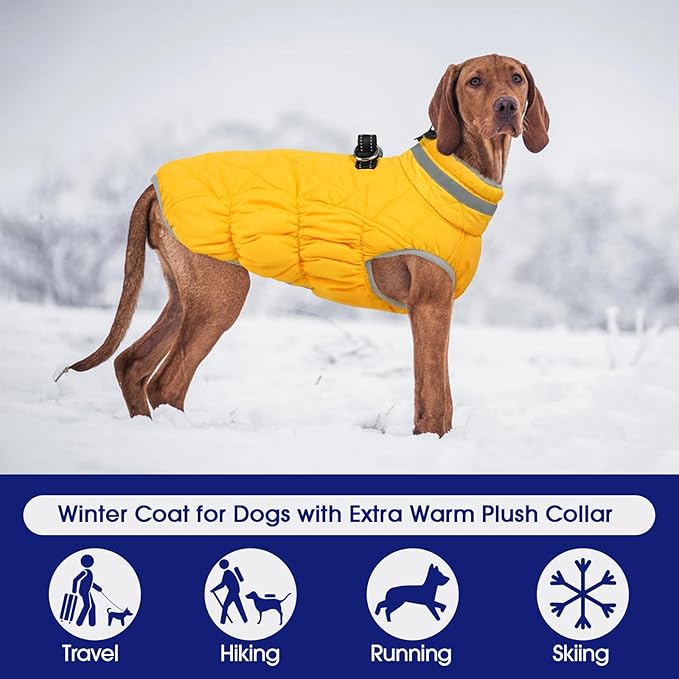 FUAMEY Dog Coat for Small Dogs,Waterproof Dog Winter Jacket with Harness Built in Puppy Cold Weather Coats Reflective Pet Vest with Zipper Warm Fleece Dogs Snowsuit Windproof Yellow XS