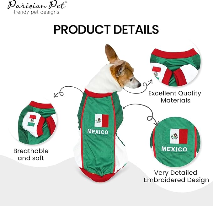 Parisian Pet Dog Jersey - Embroidered “ Mexico “ Breathable Mesh Fabric - Football, and Olympic Sportswear Mexico Dog Clothes - Lightweight for Large Dogs - 5XL