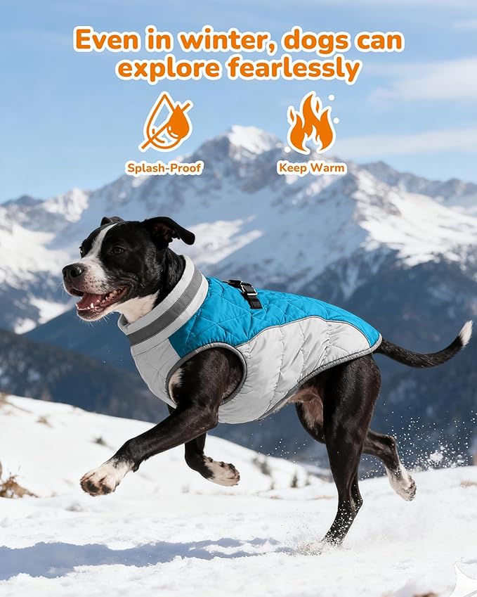 Dog Coat for Medium Dogs, Adjustable Dog Jackets for Cold Weather, Reflective Winter Coat with Built-in Harness, Snowsuit Fits Dogs 14-25 lbs and Up, Size M Blue