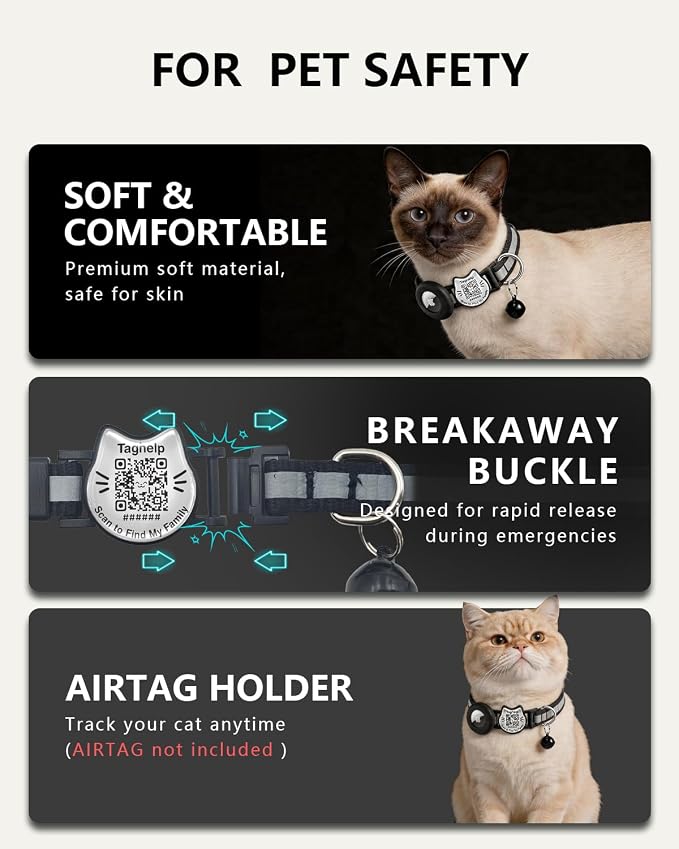 Cat Collar with AirTag Holder, QR Code Tag and Bell (Blue)