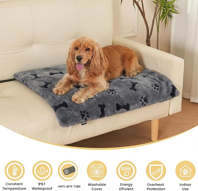 PetTemp Pet Heating Pad for Cats Dogs Indoor & Sheltered Outdoor Waterproof Heated Cat Bed Heated Dog Bed Chew Resistant Cord Constant Temperature Gray Paw Print 26 x 20 Inch