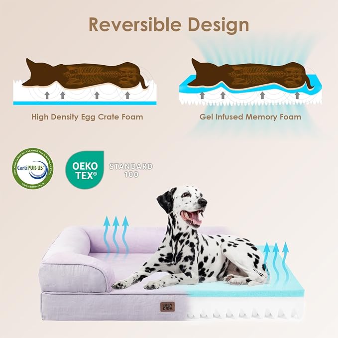 EHEYCIGA Orthopedic Dog Beds for Extra Large Dogs, Waterproof Memory Foam XXL Pet Bed with Sides, Non-Slip Bottom and Egg-Crate Foam Big Dog Couch Bed with Washable Removable Cover, Lilac