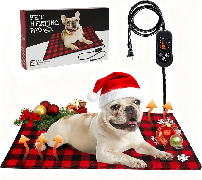 Pet Heating Pad, Adjustable Temperature Heated Dog Bed with Timer, Outdoor Waterproof Heated Pad with Anti-Chew Cord, Overheat Protection Warming Mat for Small and Medium Dogs (M:15.7"x27.6")