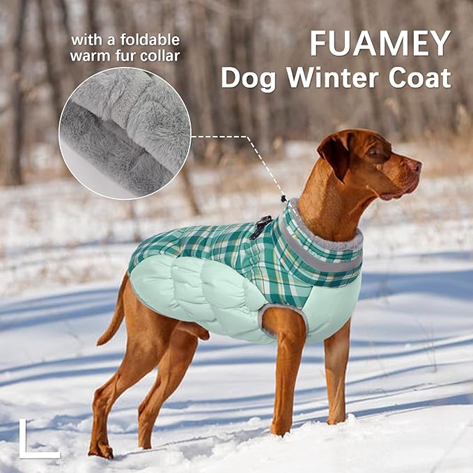 FUAMEY Dog Coat for Large Dogs,Waterproof Dog Winter Jacket with Harness Built in Puppy Cold Weather Coats Reflective Pet Vest with Zipper Warm Fleece Dogs Snowsuit Windproof Green Plaid XL