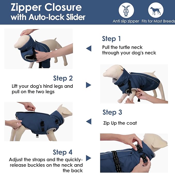 AOFITEE Dog Jacket, Large Dog Coat with Harness Built in, Warm Fleece Lined Pet Winter Jacket with Zipper & Furry Collar, Waterproof Pet Snow Coat Snowsuit for French Bulldog, Blue L