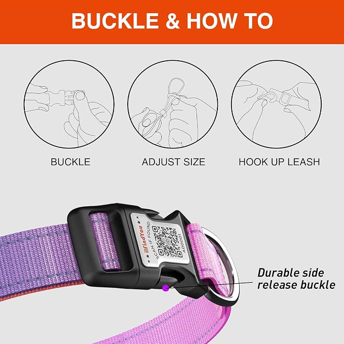 Personalized Dog Collar with QR Code Dog Tag, Blue&Rose Red M | Anti-lost, 1000D nylon, reflective, padded, XS-L(8"-24"), QR buckle shares lost pet profile, location alerts when scanned