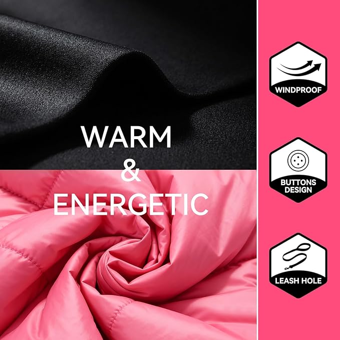 LESYPET Dog Coat for Small Dogs, Windproof Doggie Puffer Jacket with Leash Hole, Extra Warm Dog Jacket Winter Coat, Pink L