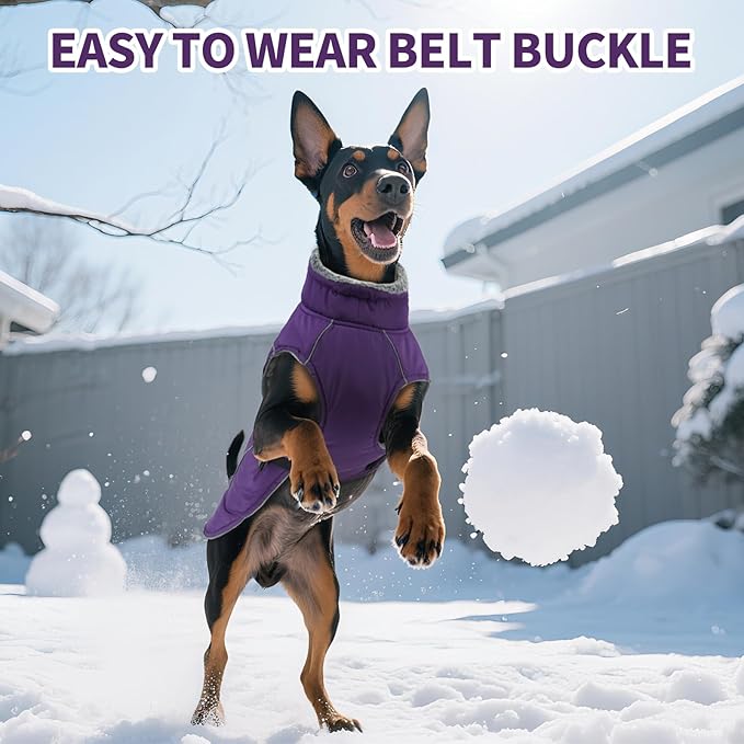 DENTRUN Winter Warm Dog Coat Reflective Jacket with Turtleneck for Cold Weather, Adjustable Buckle Windproof Water Repellent, Thick Snowsuit Fleece Vest for Small, Medium, Large Dogs, Purple, L