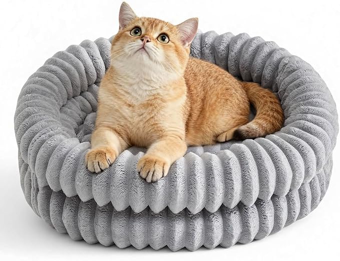 Petinstinct Cat Beds for Indoor Cats, Machine Washable Orthopedic Donut Dog Bed for Small Dogs, Fluffy Round Pet Bed with Anti-Slip Bottom for Puppy and Kitten, Gray, 20"x20"x6.5"