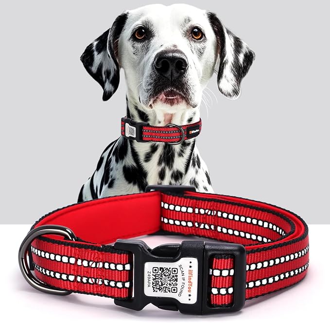 Personalized Dog Collar with QR Code Dog Tag, Red S | Anti-lost, 1000D nylon, reflective, padded, XS-L(8"-24"), QR buckle shares lost pet profile, location alerts when scanned