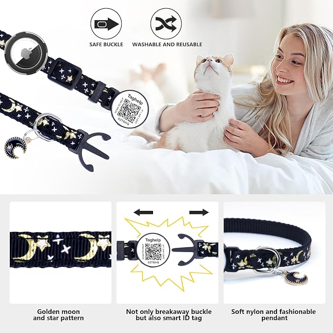 Waterproof Airtag Cat Collar Breakaway with Bell,Moon and Stars Pendant,Reflective Kitten Collar with Apple Airtag Holder,Safety Buckle for Girl Boy Cats,Pet Supplies,Accessories,Gifts (Blue B)