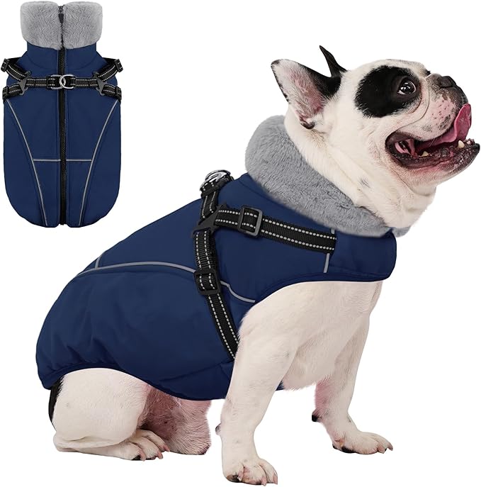 AOFITEE Small Dog Coat, XS Dog Jacket Winter with Harness Built in, Warm Fleece Puppy Coat, Waterproof Pet Puffer Jacket Snowsuit with Zipper, Reflective Dogs Cold Weather Coats Sweater, Blue XS
