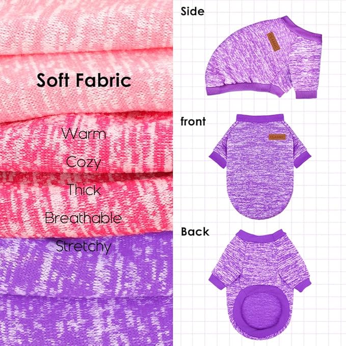 3 Pack Dog Sweaters for Small Dogs Girl Boy Winter Fleece Clothes Warm Soft Dog Sweatshirt Outfit for Dogs Cats Pet Apparel (Pink+Rose+Purple, Large)