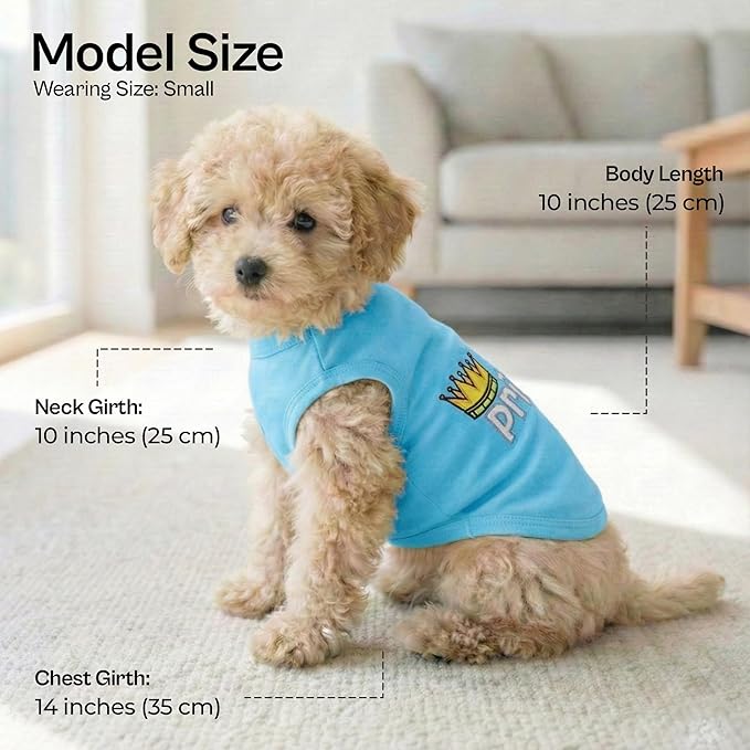 Parisian Pet Dog T-Shirt - Embroidered ' Prince ' 100% Cotton, Dog Clothes - Sleeveless Pet Vest - Machine Washable Blue Boy Shirts for Small Dogs - XS