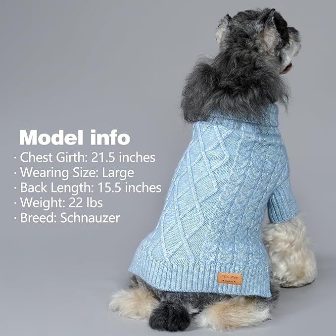 KYEESE Dog Sweater Stretchy Pet Coats, Soft Classic Cable Knit Dog Sweater for Small Dogs Turtleneck Small Dogs Sweaters with Long Sleeve for Cold Weather, Blue, Medium