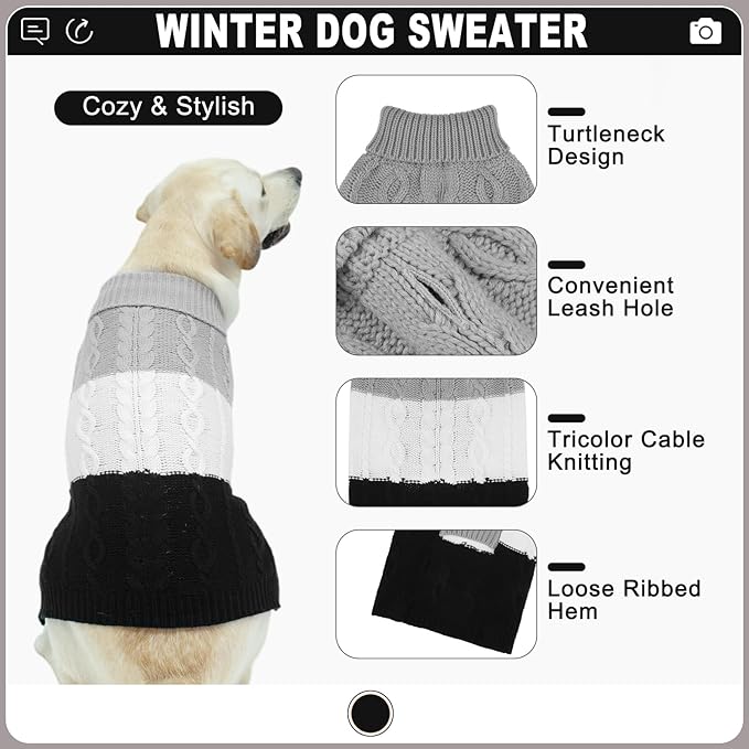 EXPAWLORER Dog Sweater with Leash Hole - Large Dogs Fall Sweaters for Girls Boys,Classic Turtleneck Knitwear Dog Clothes for Cold Weather, Cable Knit Dogs Outfit,Coat,Pet Apparel(Black&Grey,XL)