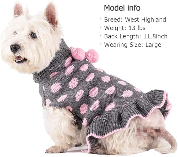 KYEESE Dog Sweater Dress with Leash Hole Turtleneck Dog Sweaters for Girl Large Dogs Polka Dot Knit Pullover Warm Pet Clothes for Fall Winter