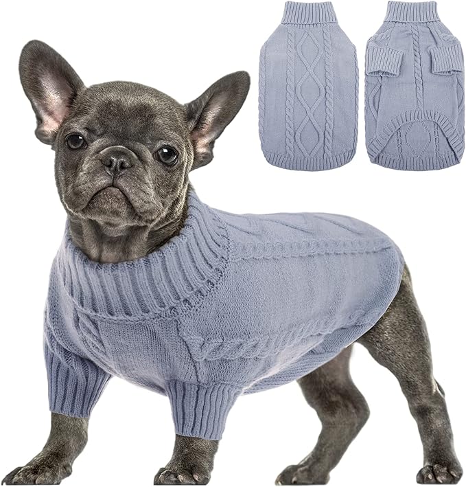 Queenmore Small Dog Pullover Sweater, Cold Weather Cable Knitwear, Classic Turtleneck Thick Warm Clothes for Chihuahua, Bulldog, Dachshund, Pug, Yorkie (Grey, Small)