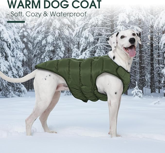 Kuoser Dog Puffer Jacket Warm Dog Coat for Medium Large Dogs, Windproof Reflective Pet Padded Vest Cold Weather Clothes Puppy Snowsuit with Hook & Loop Coats, Easy On/Off, Green L