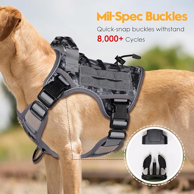 Heavy-Duty Tactical Dog Harness for Large Dogs, No Pull Adjustable Reflective Pet Vest with Molle System, K9 Military-Grade Control for Service Training, Outdoor & 10+ Breeds, Gray Camo, Medium