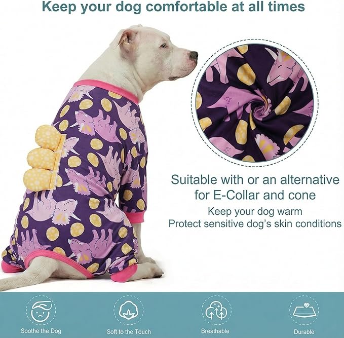 LovinPet Large Dog Pajamas, Four-Leg Stretch Onesie Bodysuit, Lightweight UV-Shielding Pajamas, Anti-Lick Calming Recovery Suit for Surgery, 3D Dino Egg Spikes, Easy on/Off， Purple， XXL