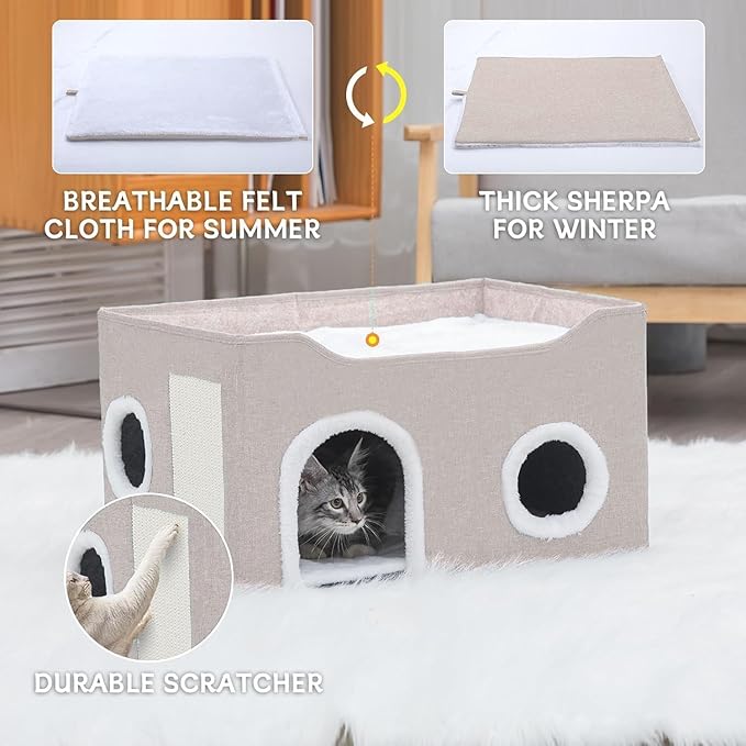 Gosipeya Cat House for Indoor Cats – Foldable Cat Cave & Covered Cat Bed, Cozy Hideaway for Small Pets and Large Cats (23.6"x16"x12.8"),Beige