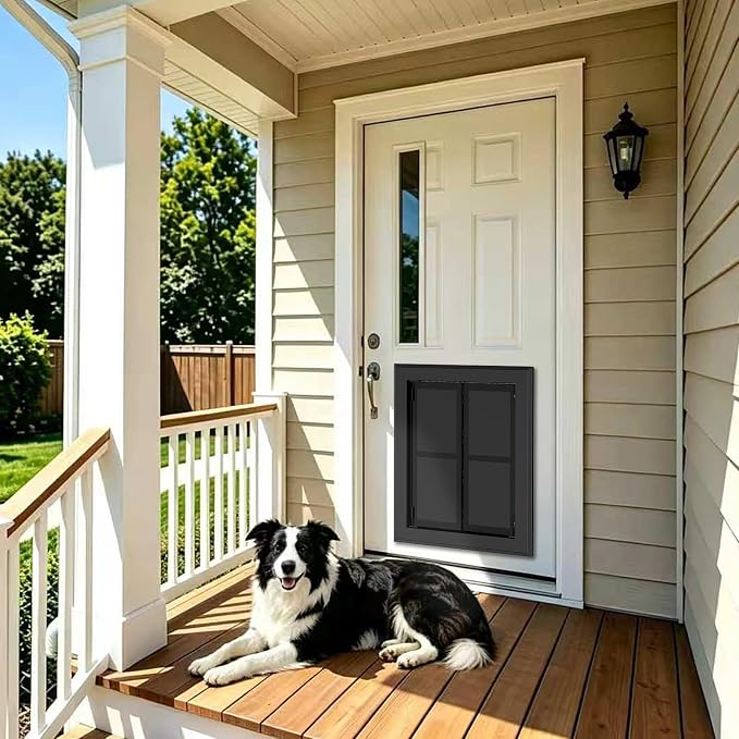 Extra Large Heavy Duty Aluminum Dog Door, Black for 200 LBS Dogs | French aluminum dog door with double magnetic flaps & telescoping tunnel, sturdy frame for dogs up to 200 LBS