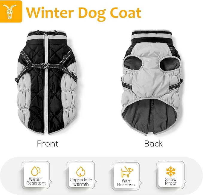 Dog Winter Coat with Harness, Dog Jacket, Pet Clothes with Zipper on Back, Waterproof Windproof Warm Vest, Reflective Cold Weather Coats, for Small Medium Large Dogs, Thick, Black,XS