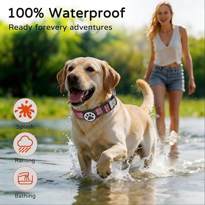 Waterproof AirTag Dog Collar with QR Code Dog Tag, Red L | IP68 waterproof, QR code dog tag, Anti-Lost, Online profile, fits XS-L (8"-26"), Padded nylon, Reflective, No App, No Fees
